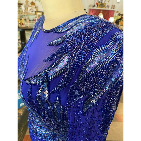 1980s beaded cocktail dress, cobalt blue silk, vintage formal, sheer chiffon, 27 - Picture 5 of 9